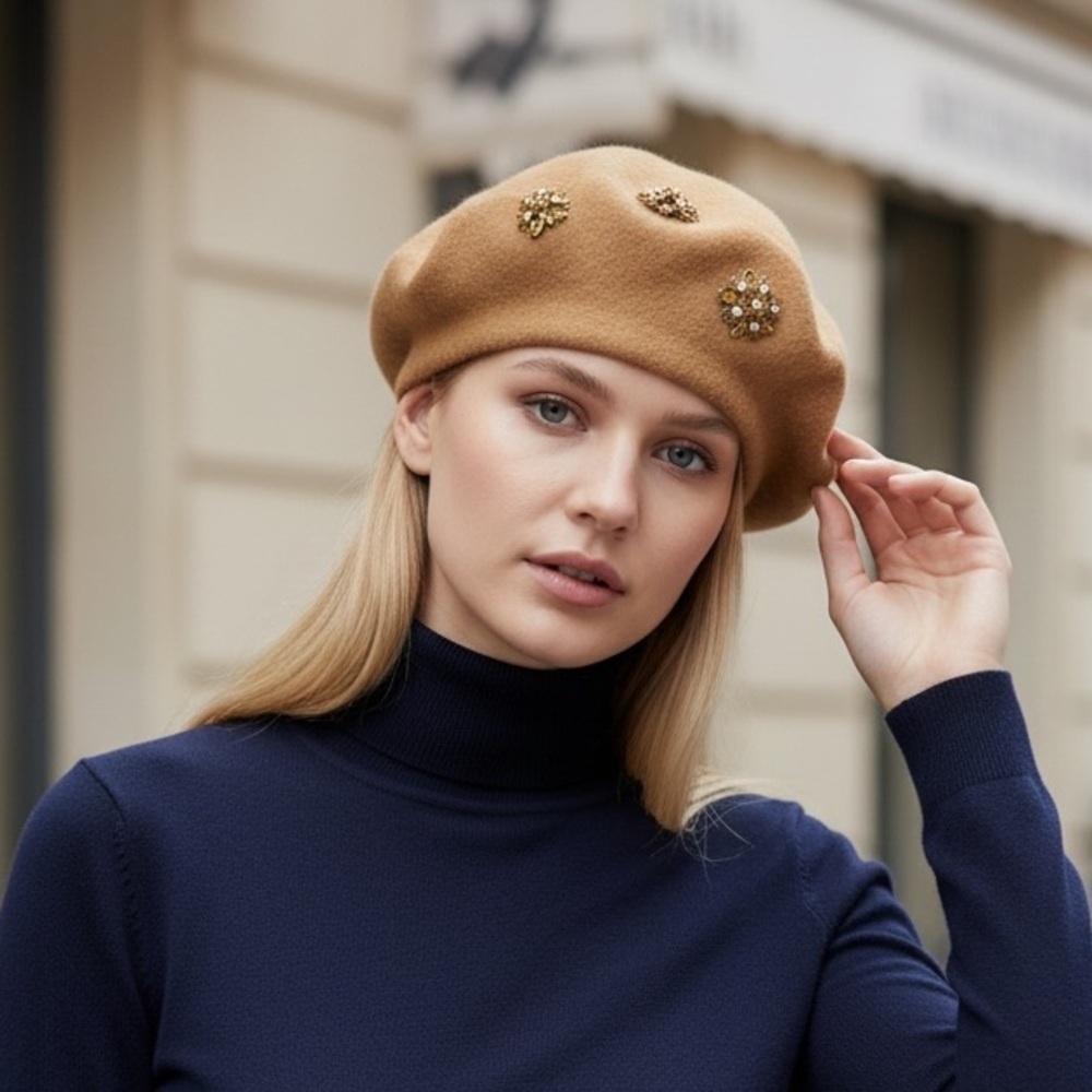 Embellished Tan Beret - Wool